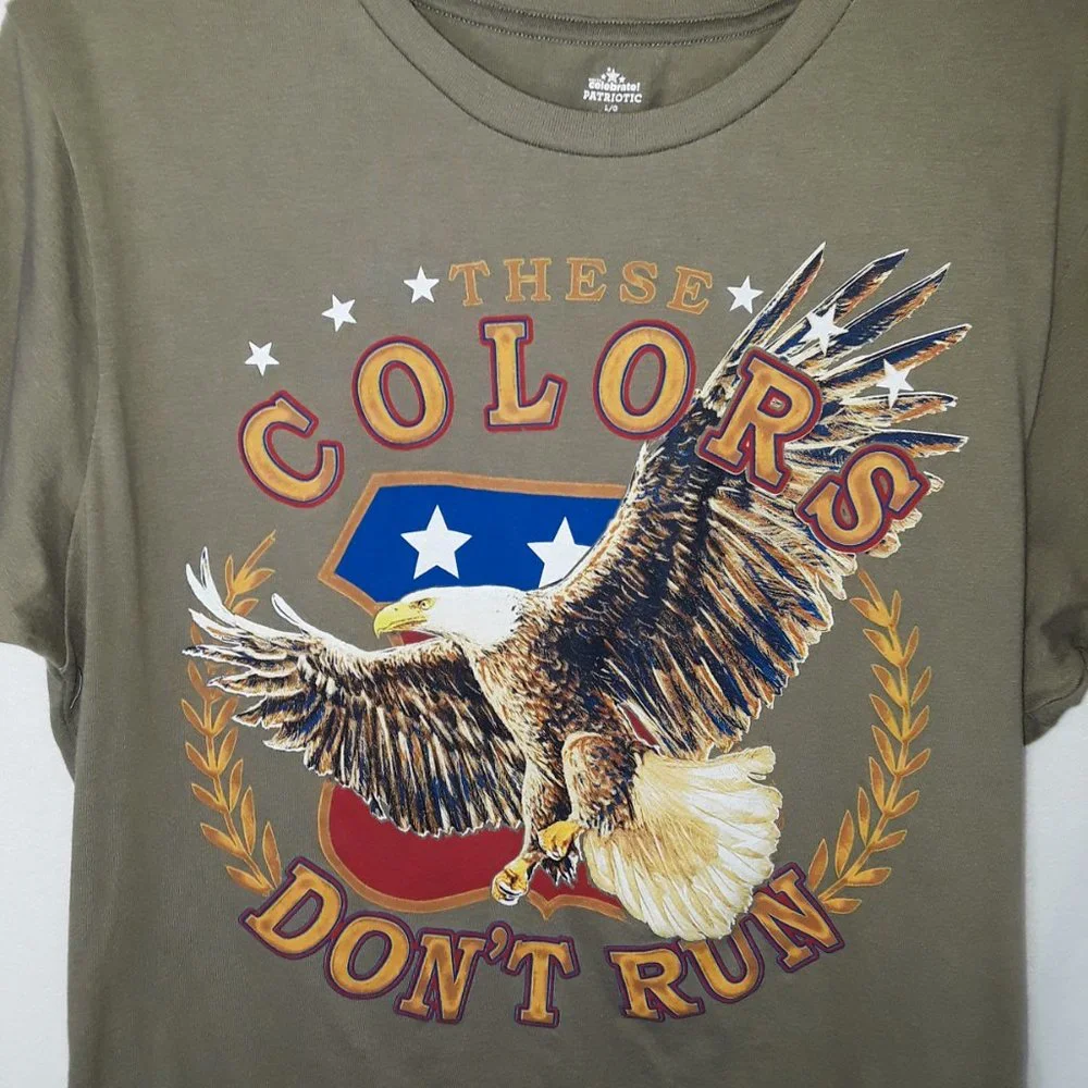 Celebrate Olive Tan Printed Patriotic Eagle Graphic T-shirt L - Picture 2 of 5